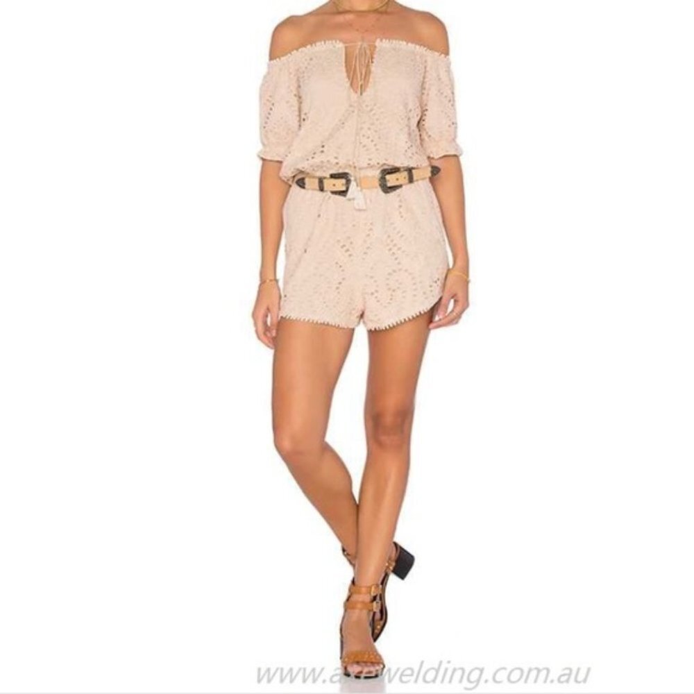 The Jetset  Diaries Santa Fe Tan Lace Off Shoulder Romper